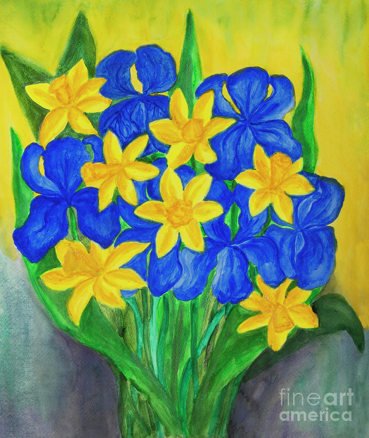 Blue irises and yellow daffodiles Painting by Irina Afonskaya