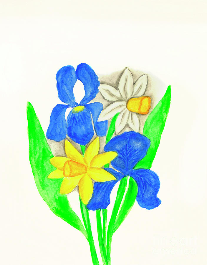 Blue irises, narcissus nd daffodil Painting by Irina Afonskaya