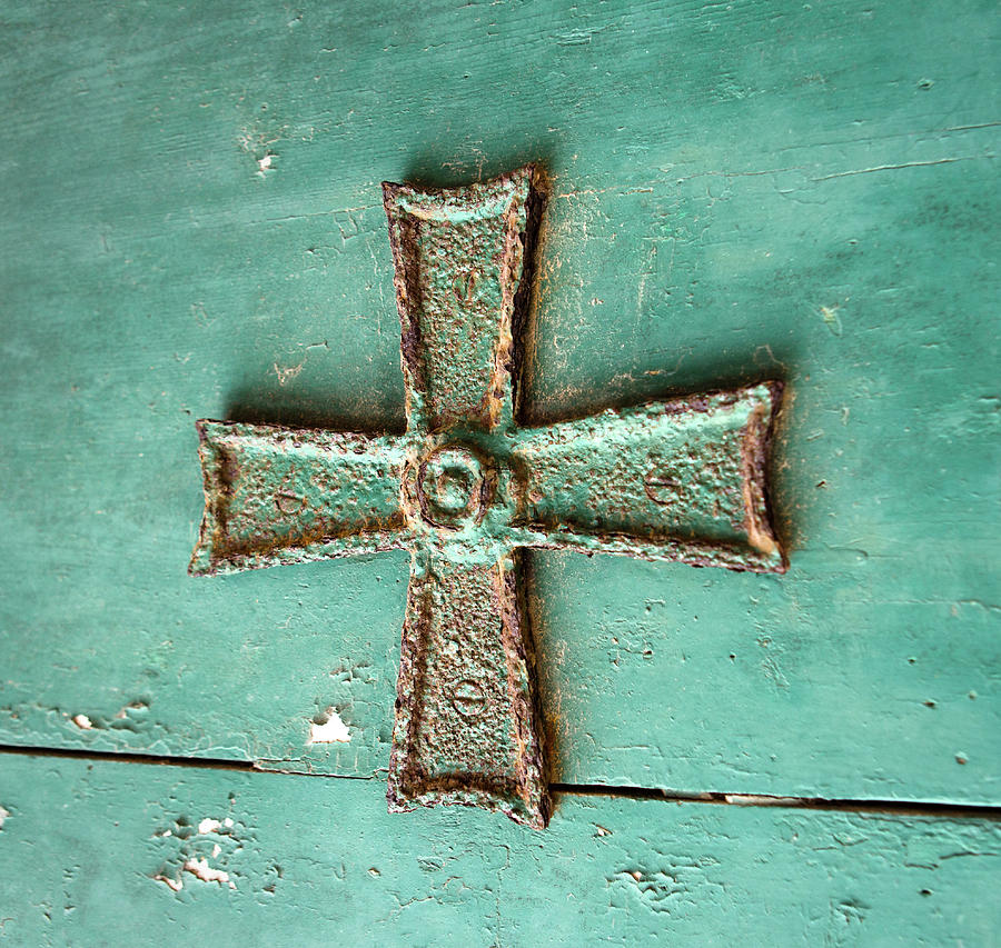 Blue Iron Cross on Wood in Square Photograph by Iris Richardson