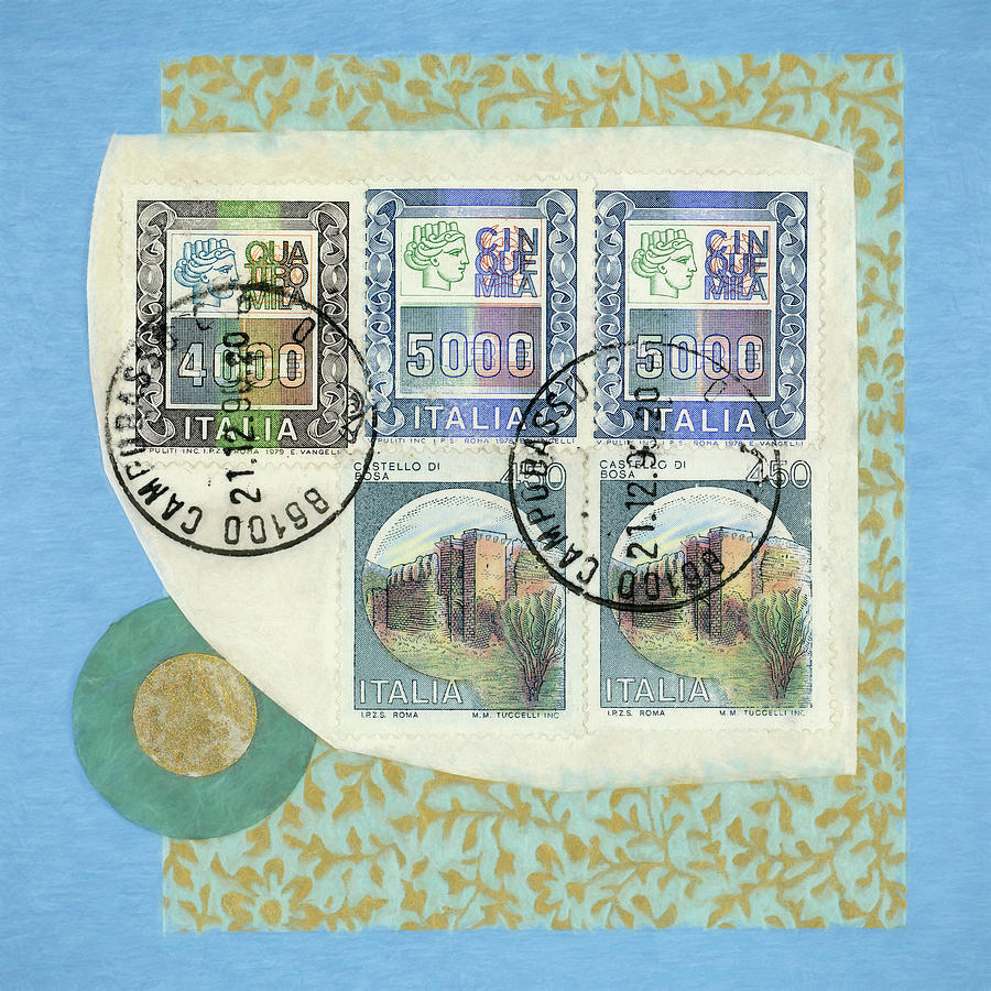Stamp Mixed Media - Blue Italian Postal Collage 854 by Carol Leigh