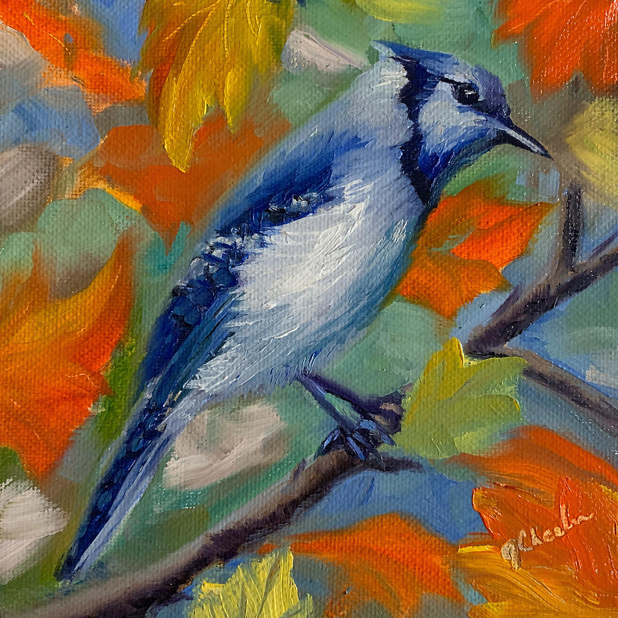Blue Jay in Autumn Leaves Painting by Jan Chesler