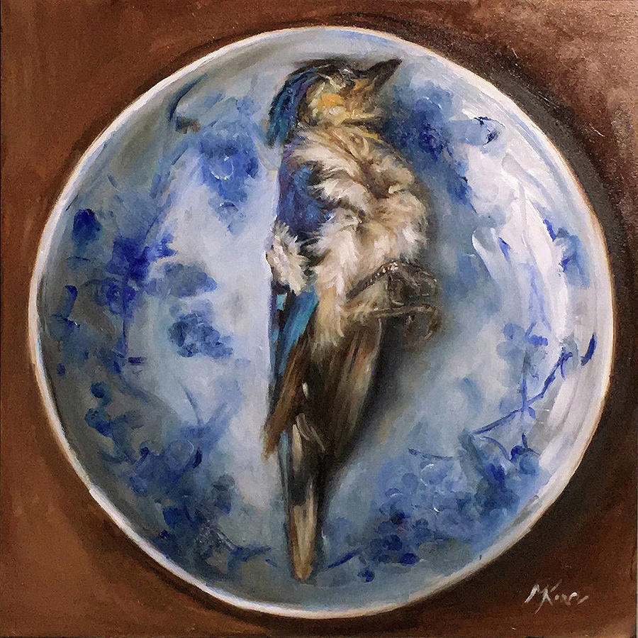 Bird Painting - Blue Jay on Oriental Plate by Margot King