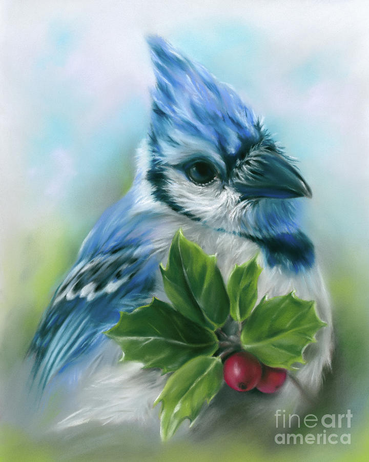 Blue Jay with Holly Painting by MM Anderson