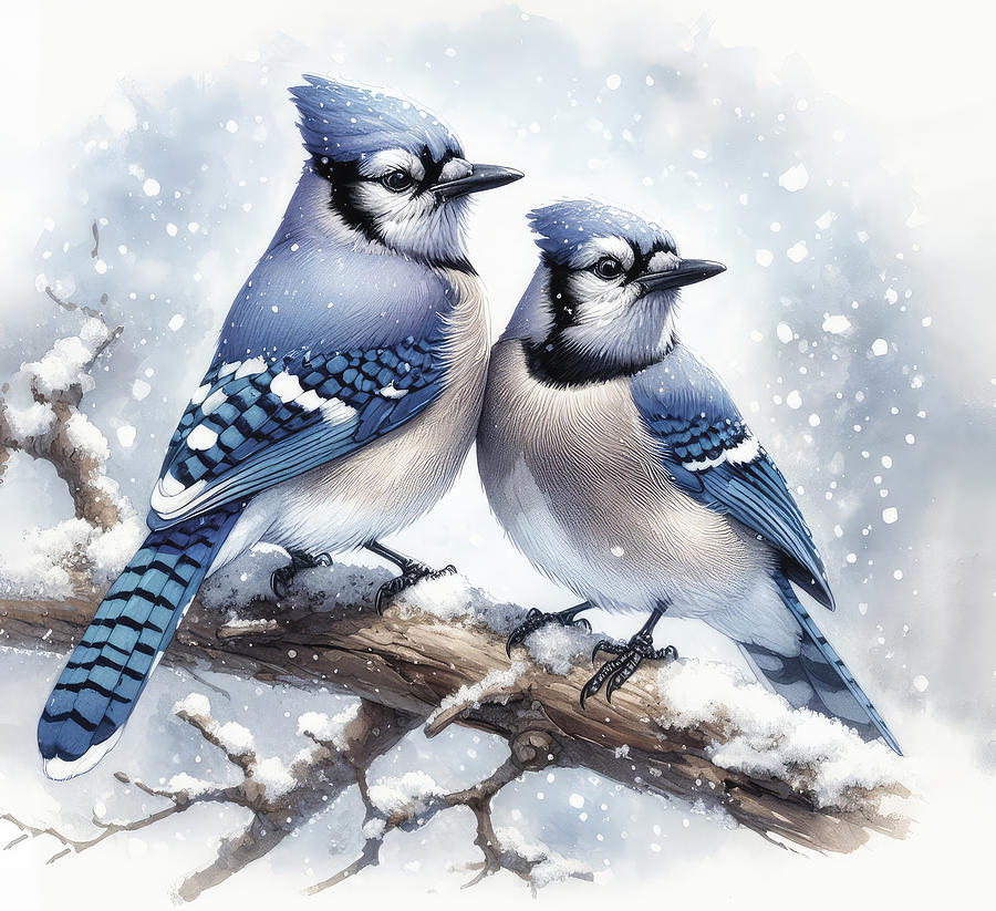 Bluejay Bird outlet Original Acrylic Painting on Canvas Blue Snow Winter Berries Gift