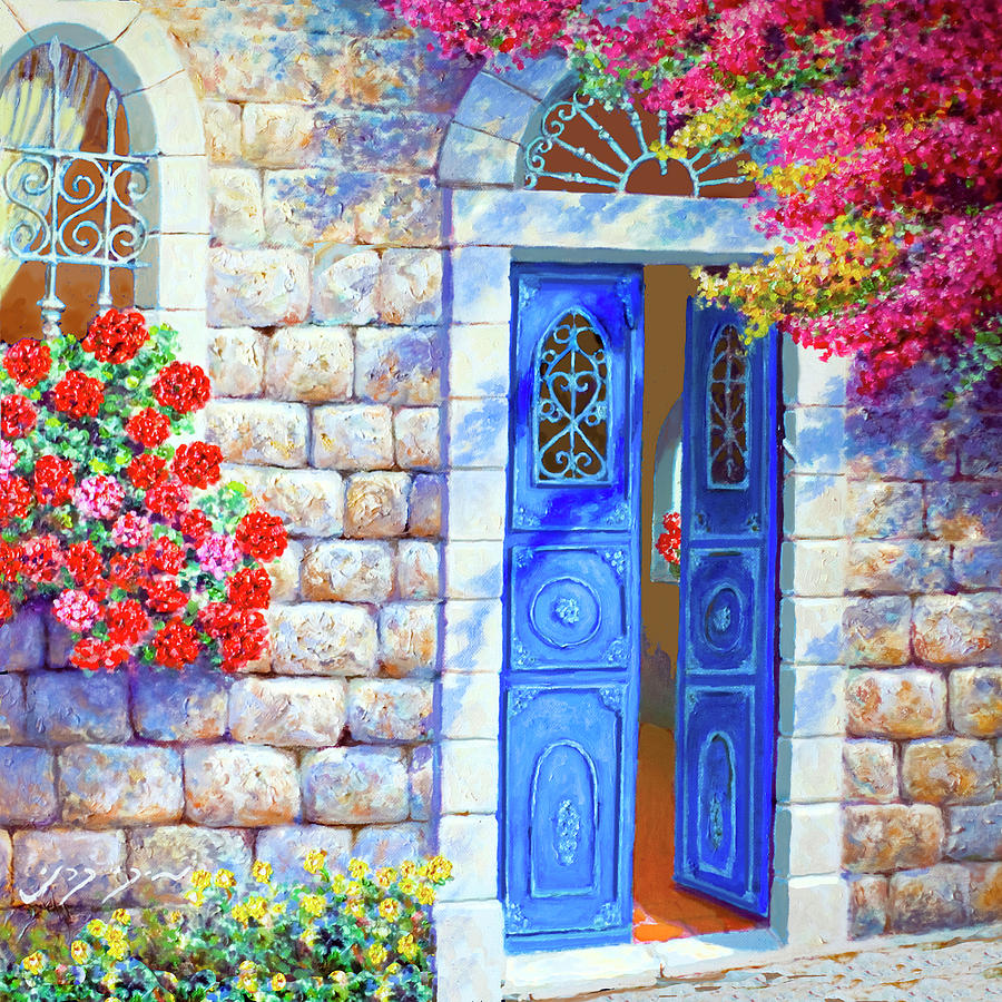 Mediterranean blue door  Painting by Miki Karni
