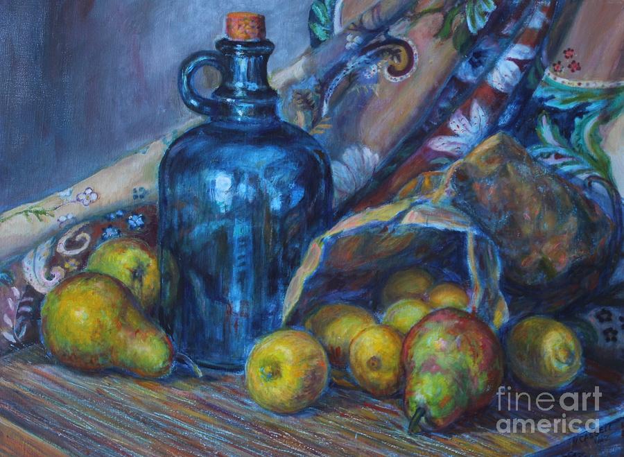 Blue Jug With Fruit Still Life Painting by Veronica Cassell vaz