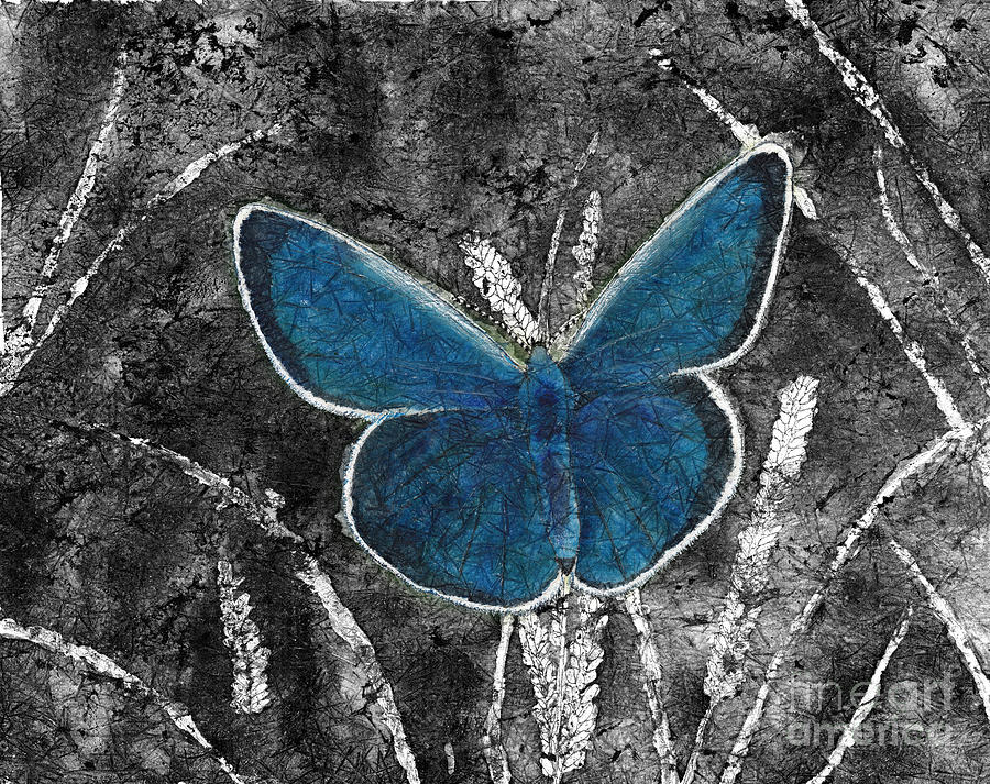 Blue Karner Butterfly in Selective Color from Watercolor Batik Digital Art by Conni Schaftenaar