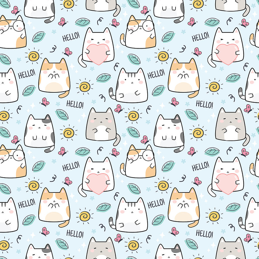 Blue Kawaii Cute Cats Hello Pattern Digital Art by Sweet Birdie Studio ...