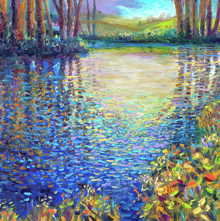 Tree Painting - Blue Lagoon Pond by Iris Scott