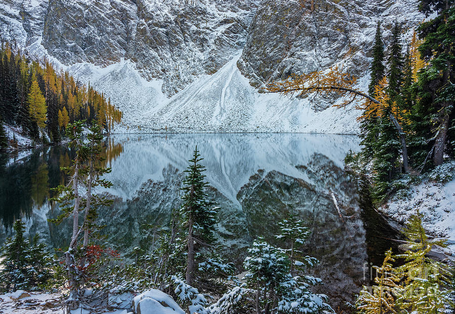 Blue Lake Snow Dusting Symmetry Photograph by Mike Reid