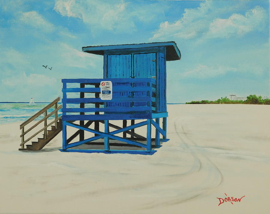 Blue Lifeguard Stand On Siesta Key Beach Painting by Lloyd Dobson