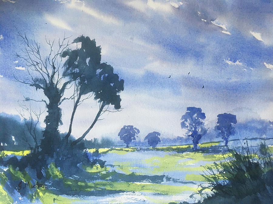 Tree Painting - Blue Light on the Yorkshire Wolds by Glenn Marshall