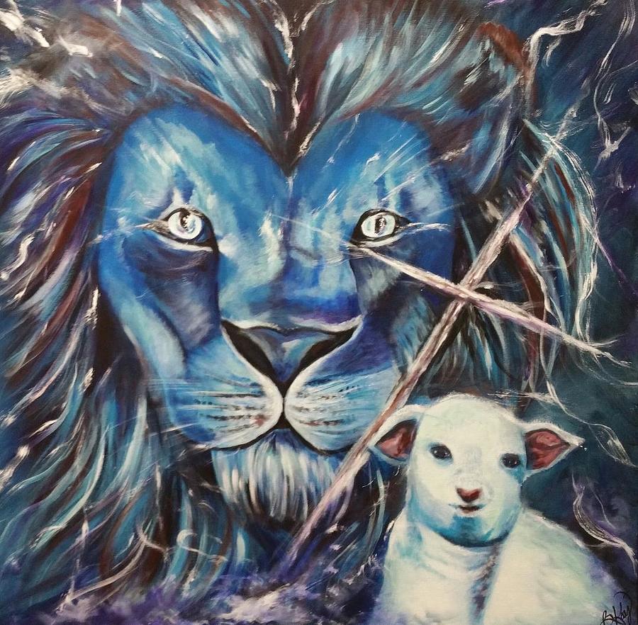 Blue Lion And The Lamb Painting by Brenda Kay Deyo