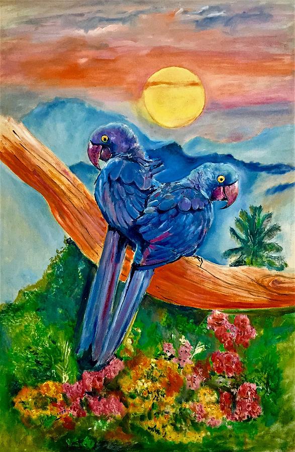 Blue Macaws Painting by Khalid Saeed