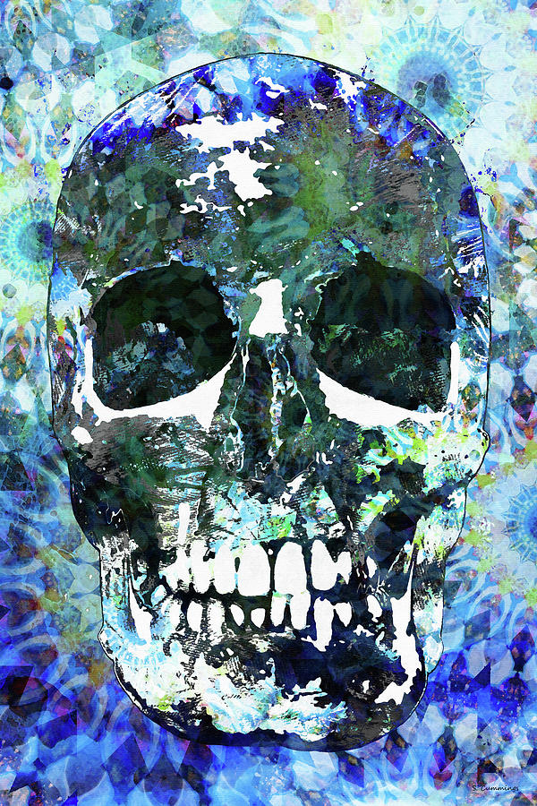Primary Colors Painting - Blue Mandala Skull Art by Sharon Cummings