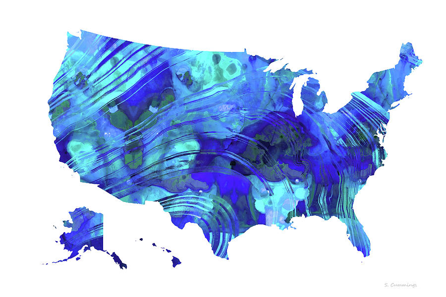Blue Map of The United States Of America 24 - Sharon Cummings Painting by Sharon Cummings