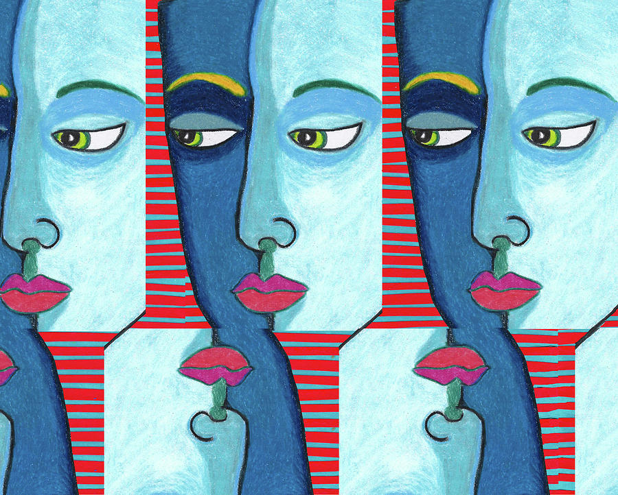 Blue Mask on Stripes 2 Drawing by Lorena Cassady