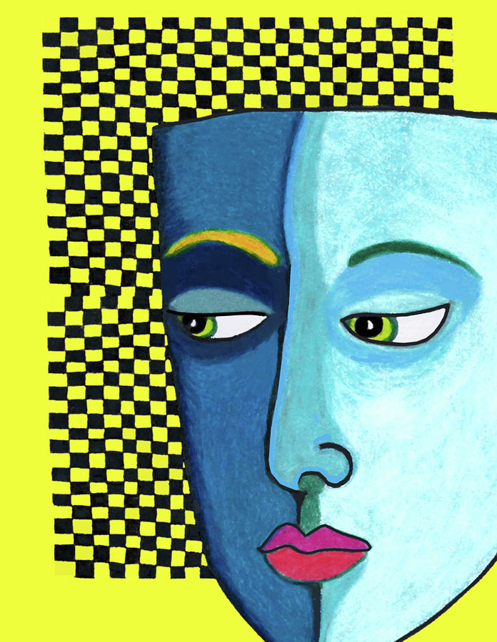 Blue mask on yellow checkerboard Drawing by Lorena Cassady