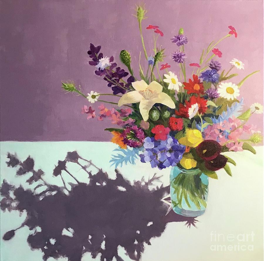 Blue Mason Jar Bouquet Painting by Anne Marie Brown