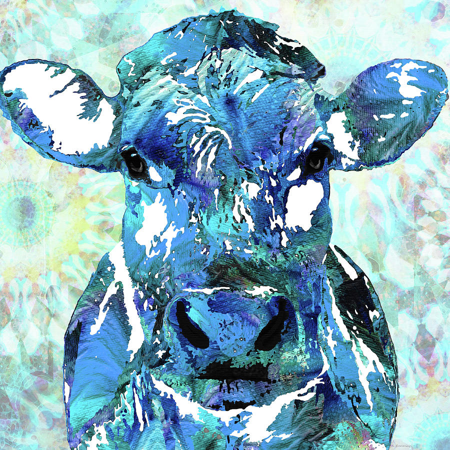 Blue Moo - Cow Cattle Art Painting by Sharon Cummings