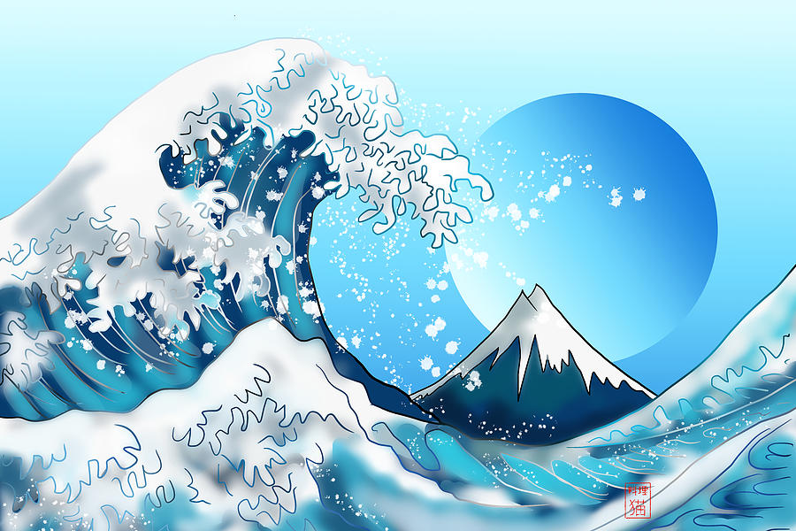 Blue moon and the wave off Kanagawa Painting by Cuisinecat - Fine Art ...