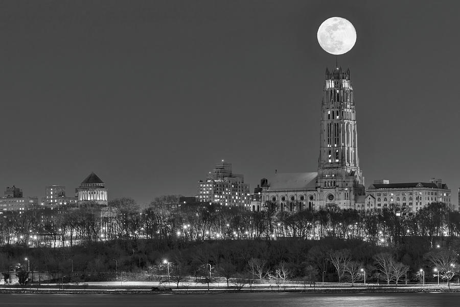 Blue Moon Over Cathedral Of Saint John NYC BW Photograph by Susan Candelario
