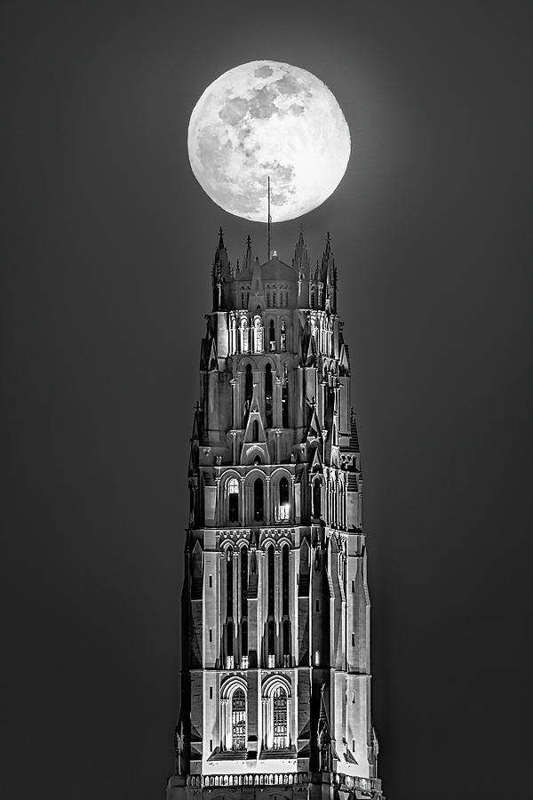 Blue Moon Over The Riverside Church NYC BW Photograph by Susan Candelario