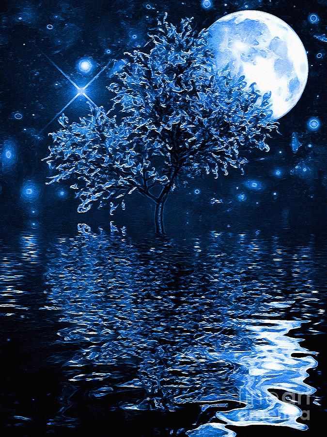 Blue Moonlight with Tree Reflection on Water Digital Art by Douglas ...