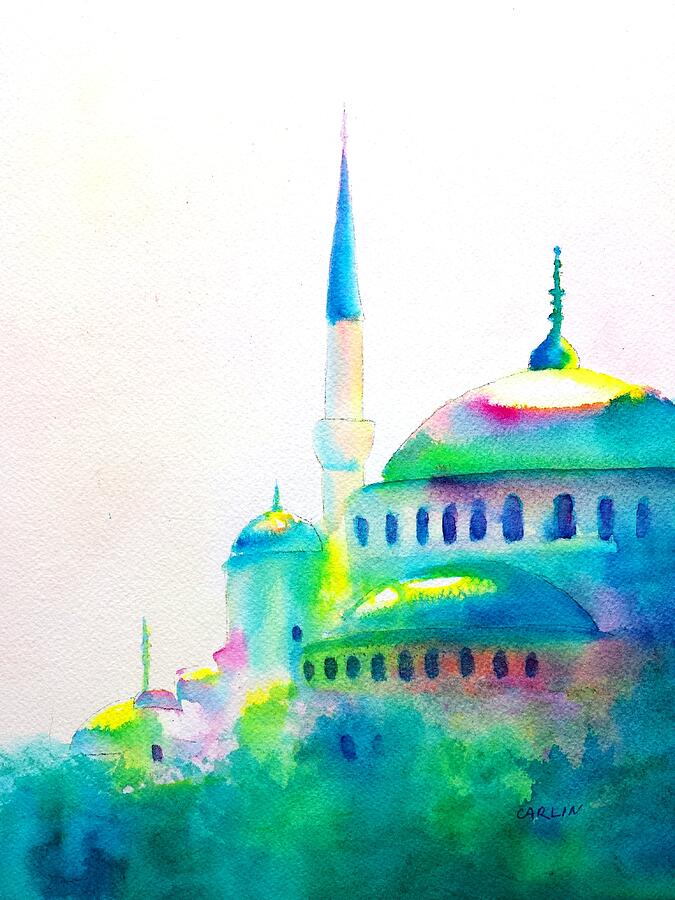 Blue Mosque in Greens Painting by Carlin Blahnik CarlinArtWatercolor