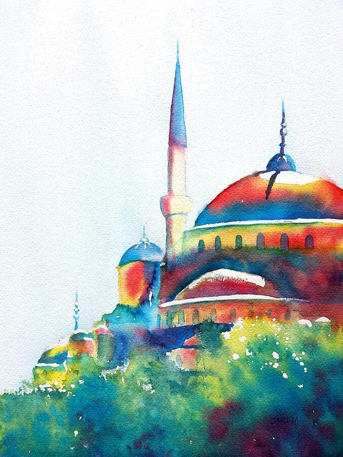 Blue Mosque Sun Kissed Domes Painting by Carlin Blahnik CarlinArtWatercolor