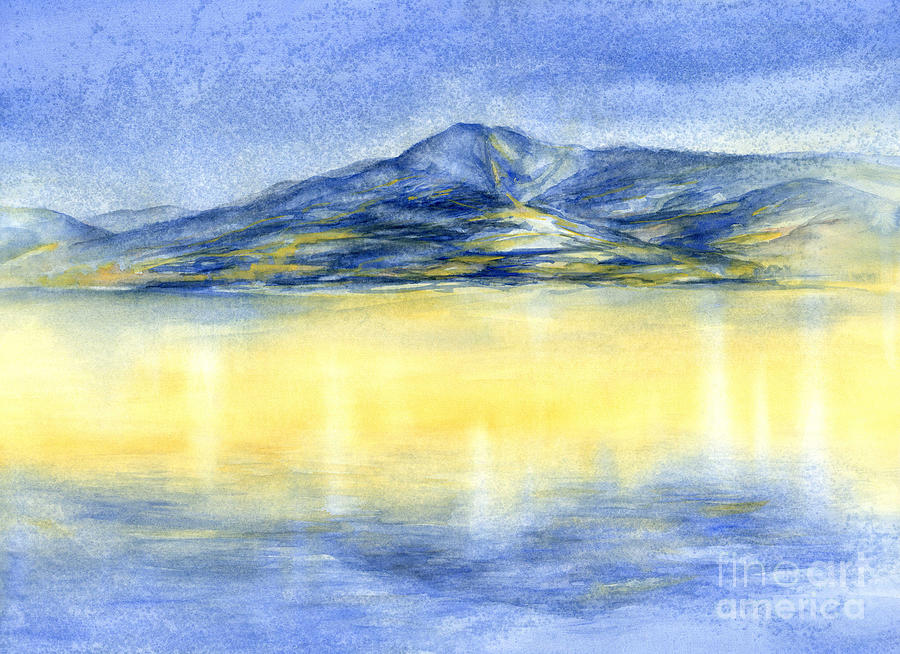 Blue mountain and reflection of sunlight, watercolor Painting by Adriana Mueller