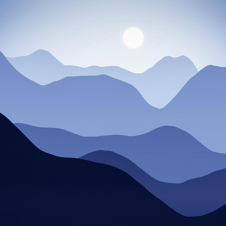 Abstract Digital Art - Blue Mountains and Sun Abstract Minimalism by Matthias Hauser