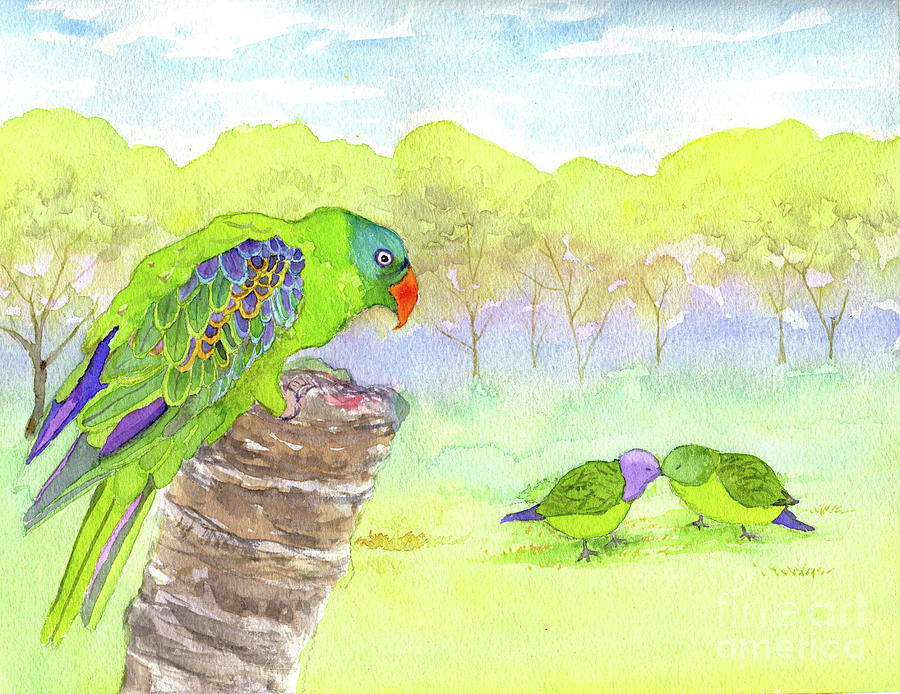Blue Naped Parrot and Lovebirds Painting by Anne Marie Brown