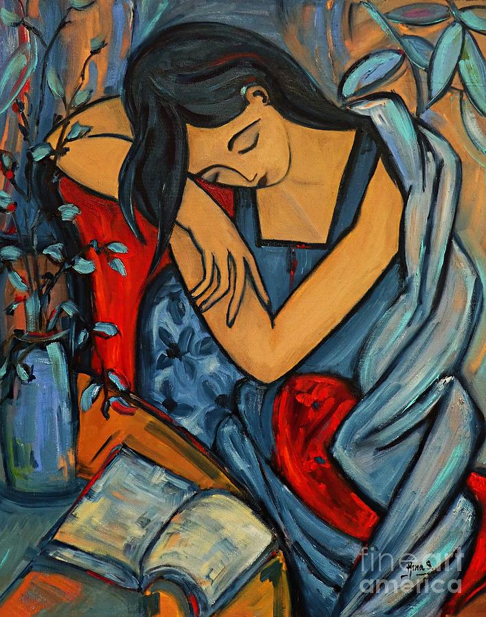 Blue Night Reading Painting by Amalia Suruceanu