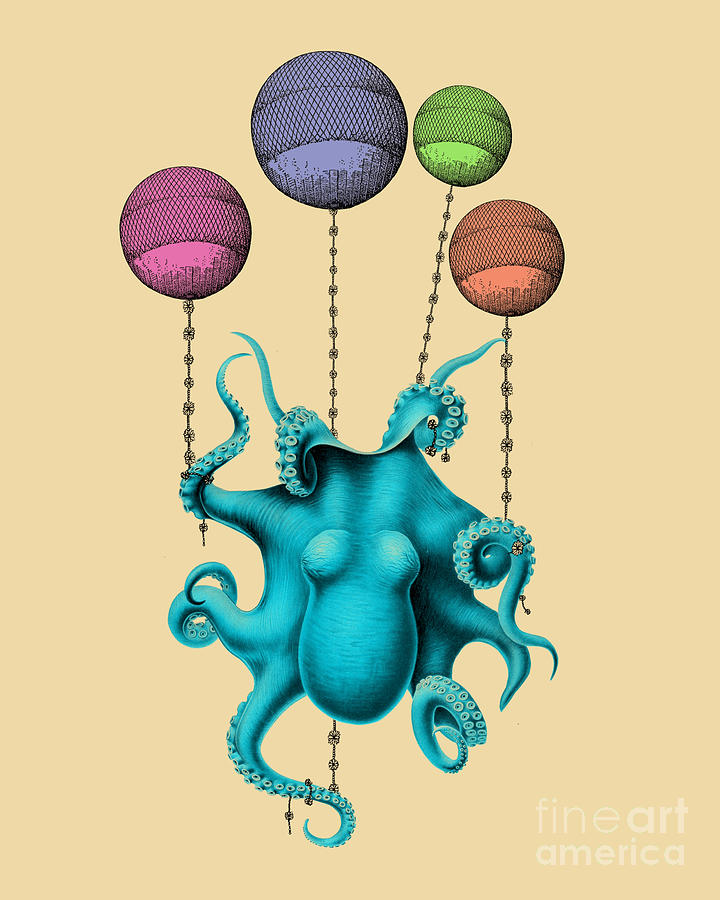 Octopus Digital Art - Blue Octopus With Balloons by Madame Memento