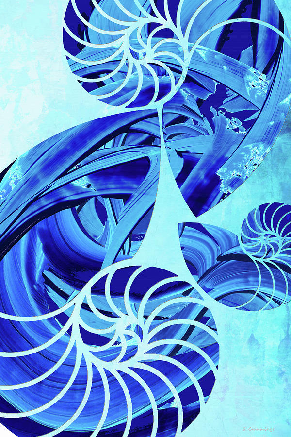 Blue On Blue Nautilus Shell Art Painting by Sharon Cummings