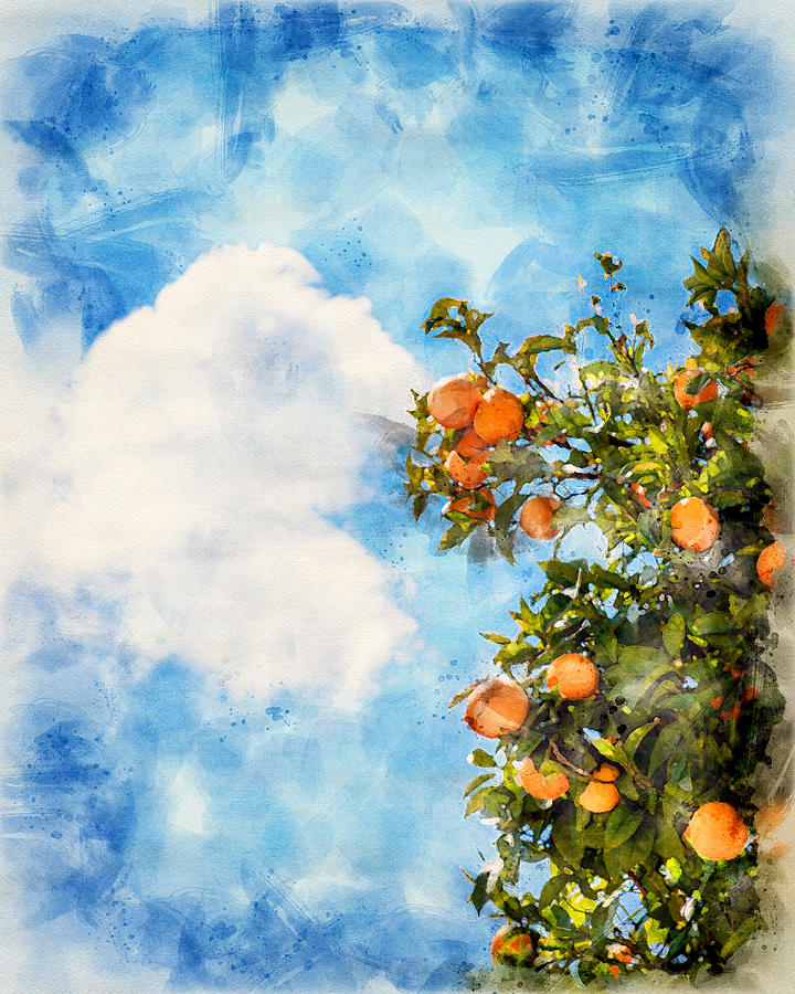 Blue Orange Tree Watercolor Digital Art by Luis G Amor - Lugamor