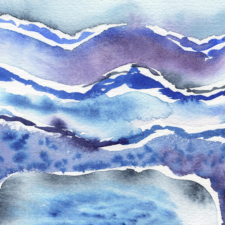 Blue Organic Curves Of Ocean Waves Abstract Watercolor Decor II Painting by Irina Sztukowski