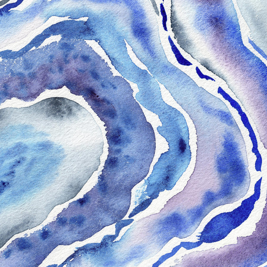 Blue Organic Curves Of Ocean Waves Abstract Watercolor Decor III Painting by Irina Sztukowski
