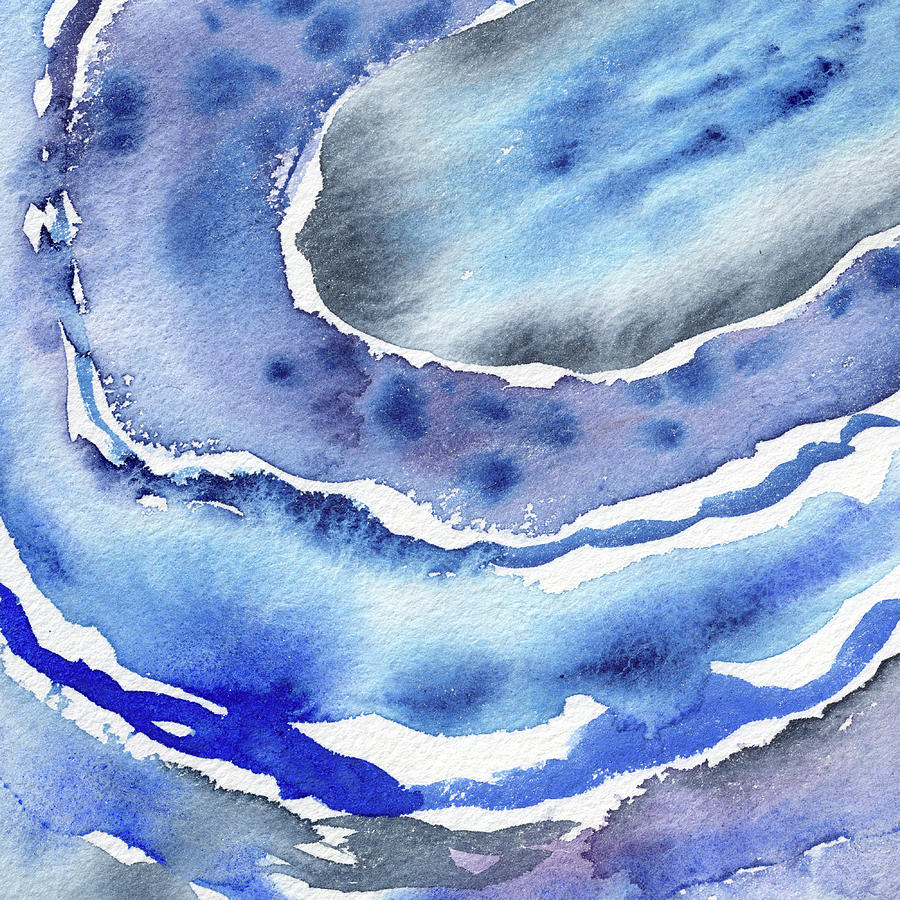 Blue Organic Curves Of Ocean Waves Abstract Watercolor Decor Iv Painting