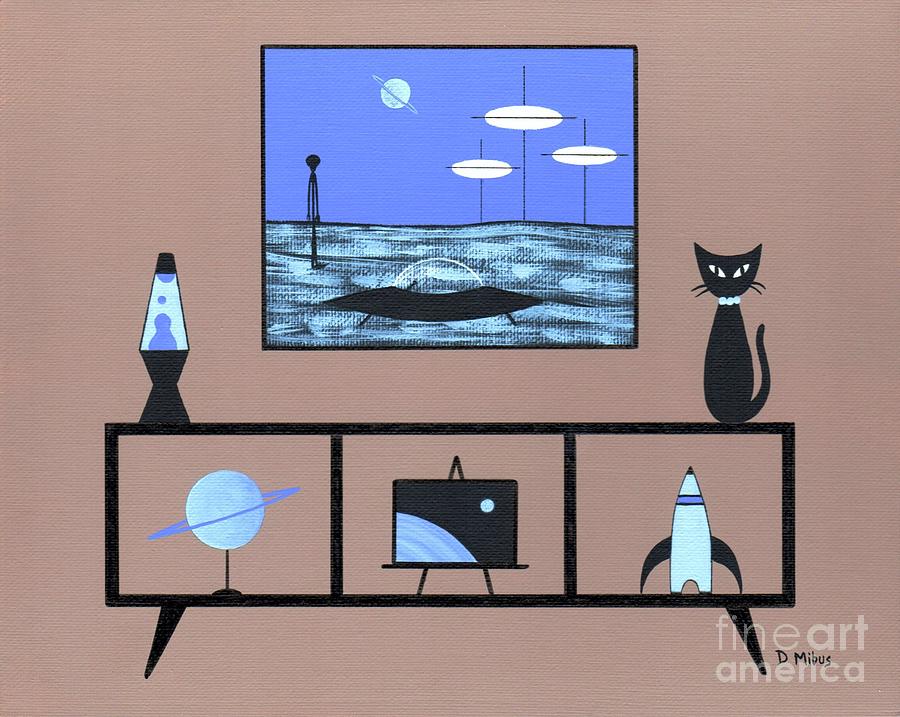 Blue Outer Space Room with Black Cat Painting by Donna Mibus
