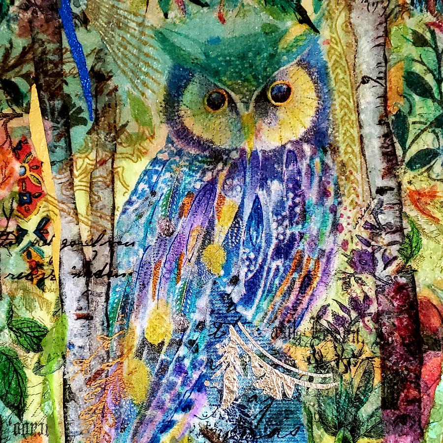 Starry Owl II Mixed Media by Deborah Cherrin