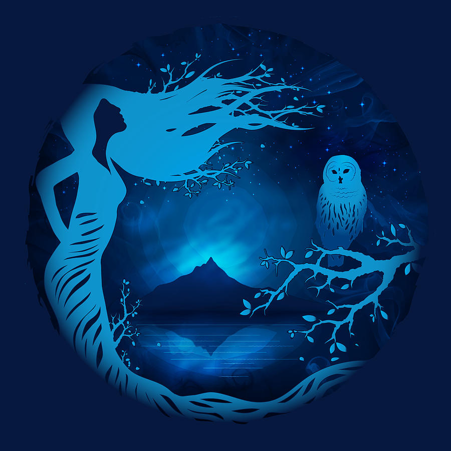 Blue Owl Woman Tree Digital Art by Serena King