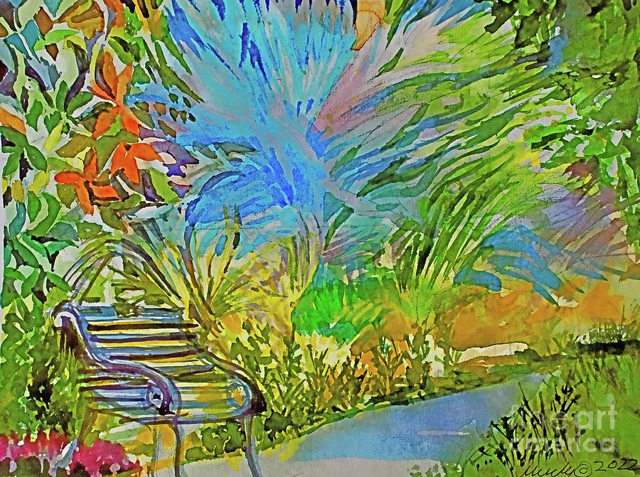 Blue Palm and Bench Painting by Mindy Newman