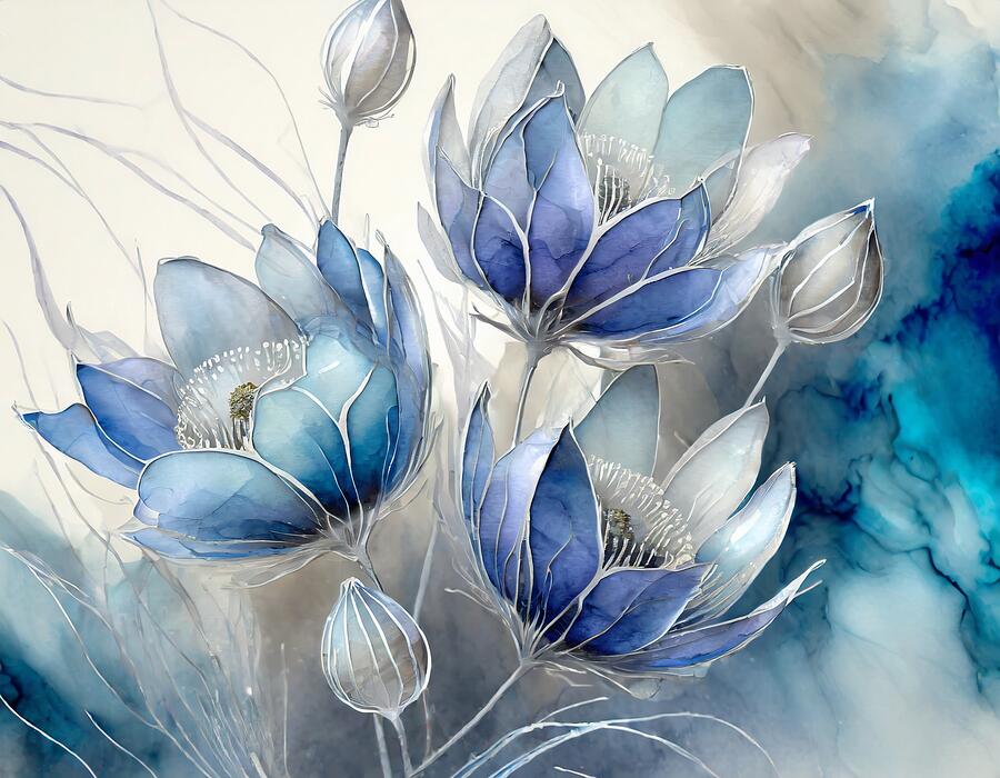 Abstract Mixed Media - Blue Pasque Flowers by Susan Rydberg