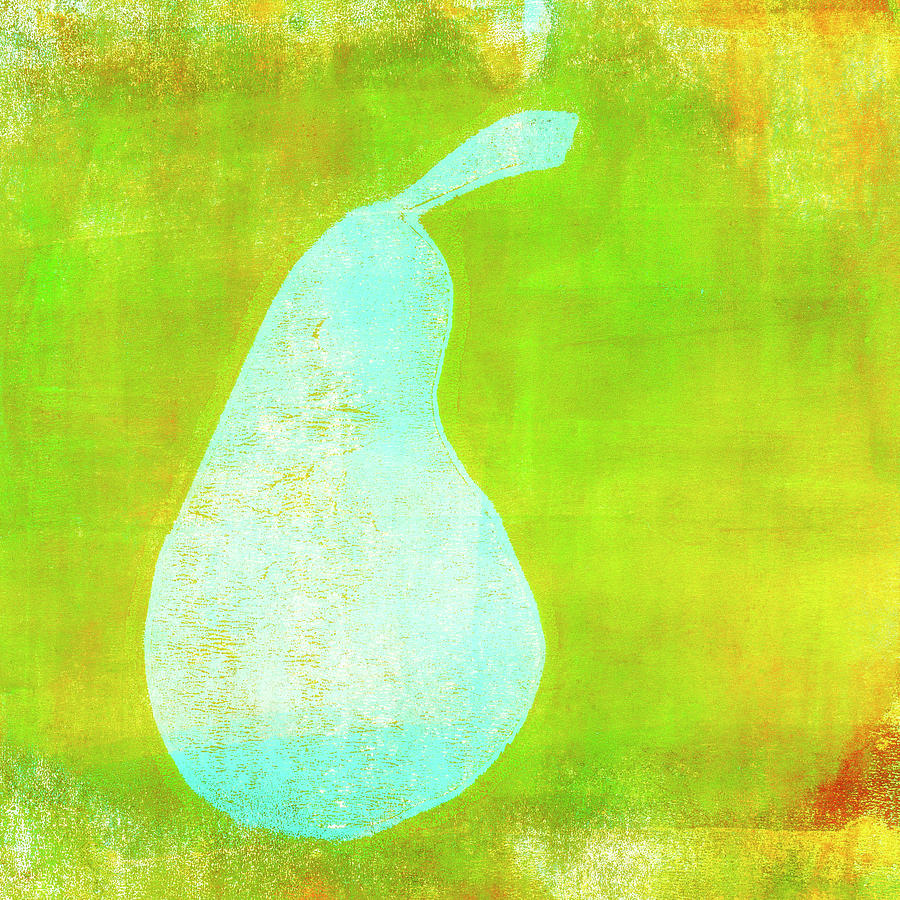 Pear Painting - Blue Pear on Green Monoprint by Carol Leigh