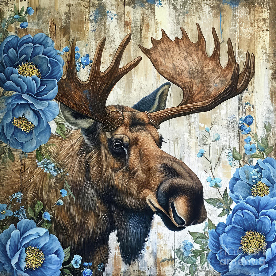 Blue Peony Moose Painting by Tina LeCour