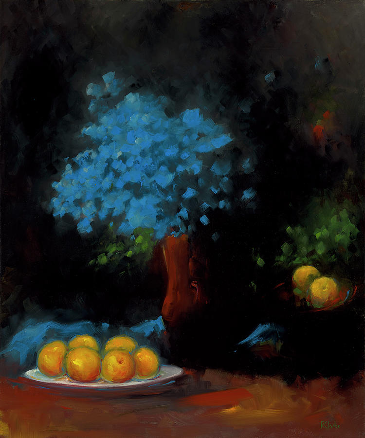 Blue Petals and Peaches Painting by Roger Clarke