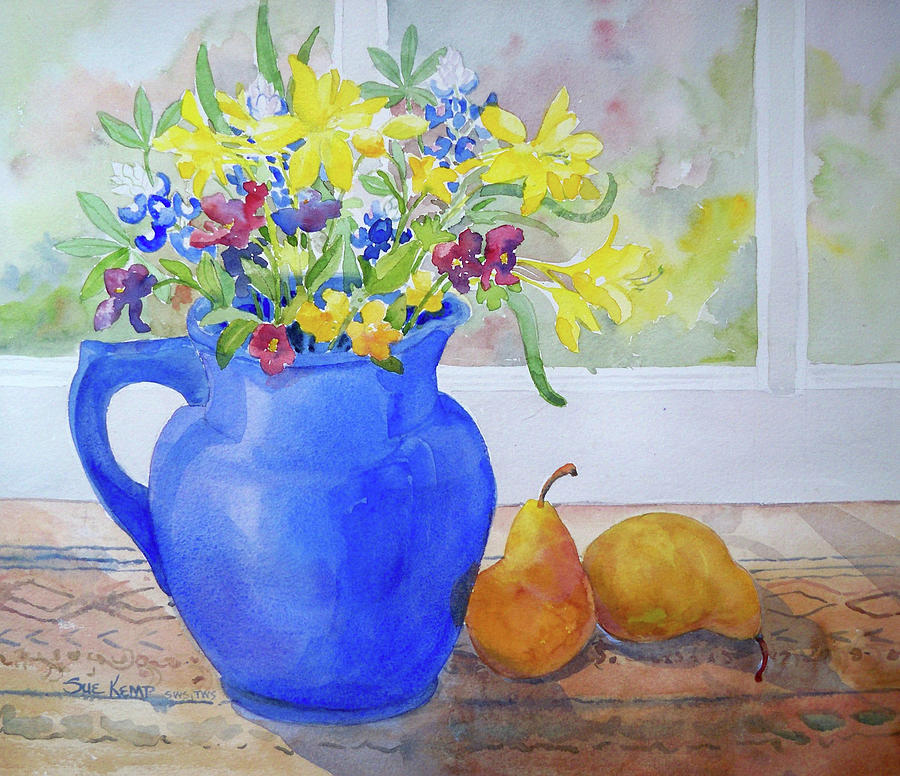 Blue Pitcher With Pears Painting by Sue Kemp