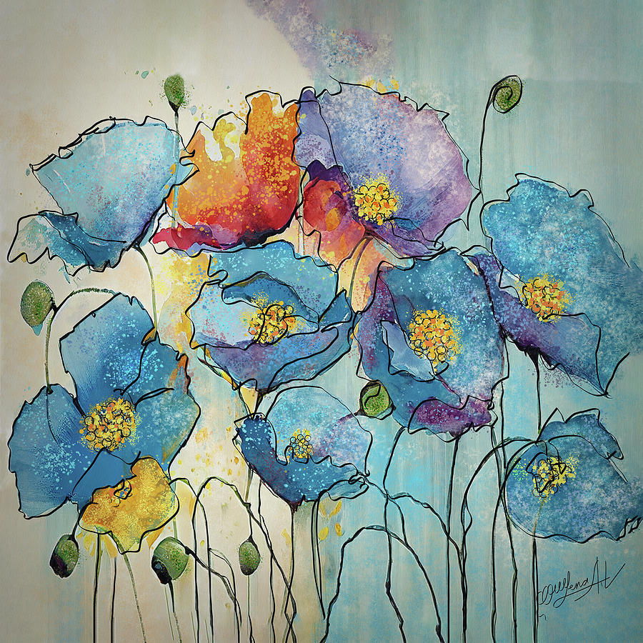 Blue Poppies Abstract Painting  Painting by Lena Owens - OLena Art Vibrant Palette Knife and Graphic Design